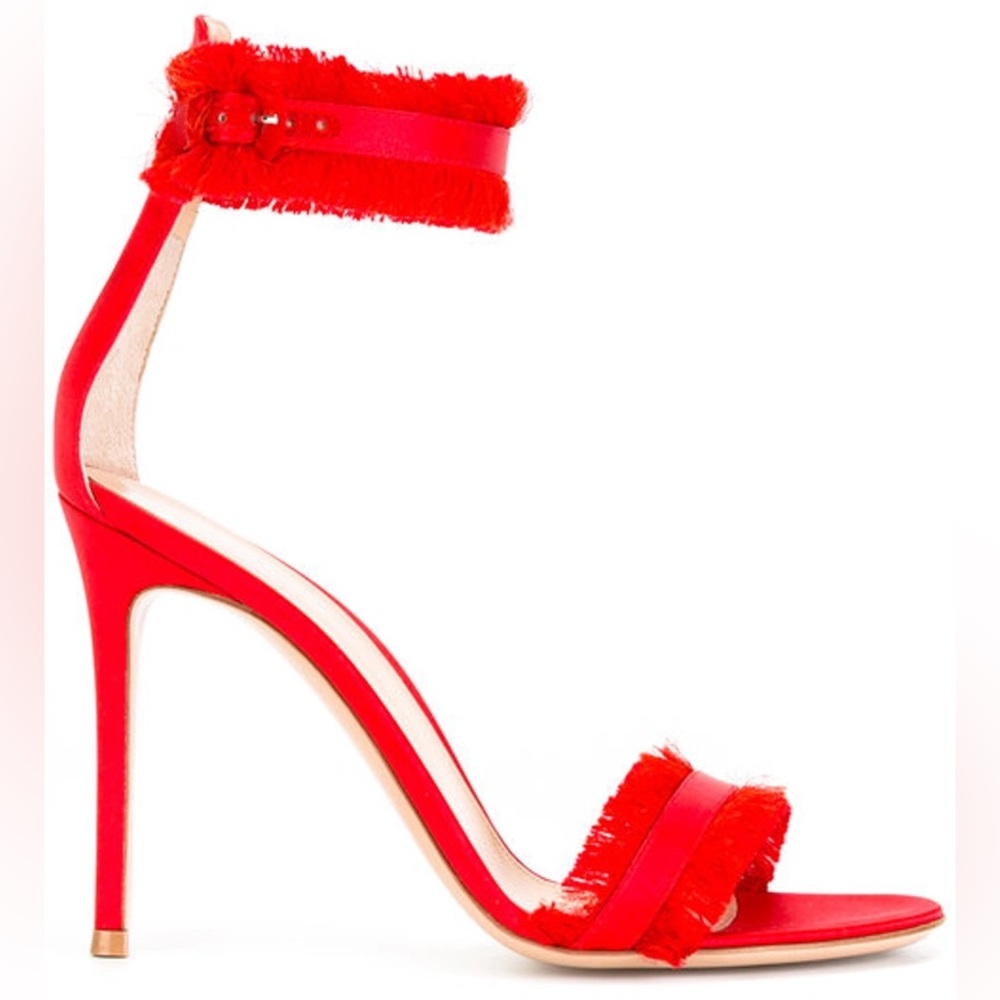 GIANVITO ROSSI Caribe 105 Red Satin Fringe Trim Accent Sandals Size 40.5 - Picture 4 of 16